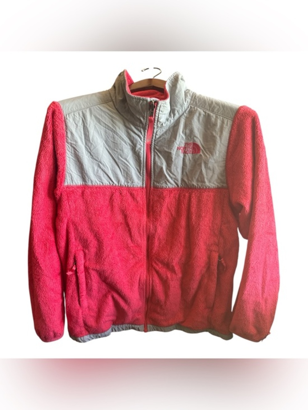 The North Face Kids Bright Coral Pink and Gray Fleece Puffer Jacket Zip Up Coat